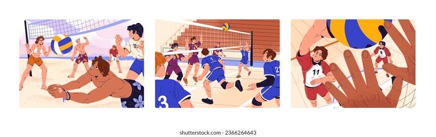 Volleyball players on competition, tournament, championship. People play with ball on beach, gym. Professional sport team on match. Men and women on volley game. Active hobby flat vector illustration