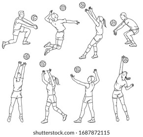 Volleyball players outline silhouettes set of sketch vector illustrations isolated on white background. Sport game athletes, men and women cartoon characters.