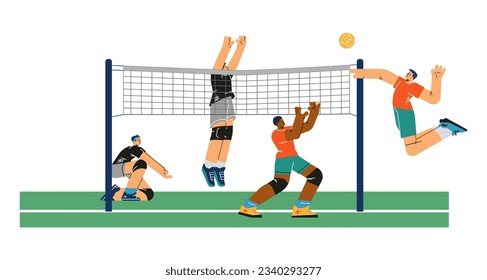 Volleyball players throw the ball over the net, flat cartoon vector illustration isolated on white background. Volleyball match ground with sportsmen characters.