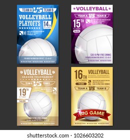 Volleyball Poster Set Vector. Design For Sport Bar Promotion. Volleyball Ball. Vertical Modern Tournament. Sport Event Announcement. Banner Advertising. Template Illustration
