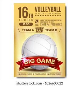 Volleyball Poster Vector. Volleyball Ball. Sand Beach. Design For Sport Bar Promotion. Vertical Volleyball Club, Flyer. Championship Invitation Illustration
