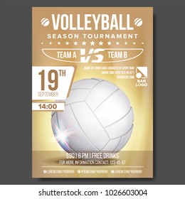 Volleyball Poster Vector. Banner Advertising. Sand Beach. Sport Event Announcement. A4 Size. Game, League Design. Championship Label Illustration
