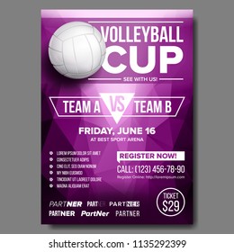 Volleyball Poster Vector. Banner Advertising. Sand Beach, Net. Sport Event Announcement. A4 Size. Game, League Design. Volley.  Championship Label Illustration
