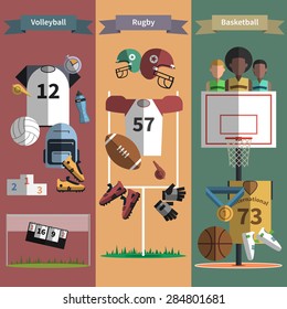 Volleyball rugby and basketball team sport  attributes 3 flat vertical banners set abstract shadow vector isolated illustration