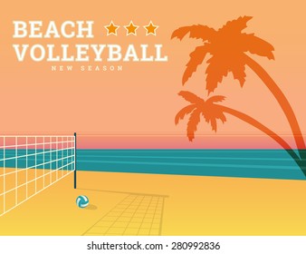 Volleyball seasonal illustration with bright sunset and sport net on the beach. Text outlined. Free font RobotoSlab