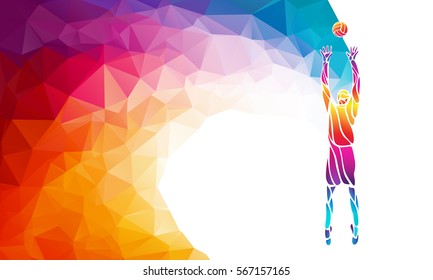Volleyball setter player with ball. Beach sport, colorful vector illustration with background or banner template in trendy abstract colorful polygon style and rainbow back