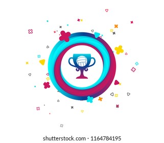 Volleyball sign icon. Beach sport symbol. Winner award cup. Colorful button with icon. Geometric elements. Vector