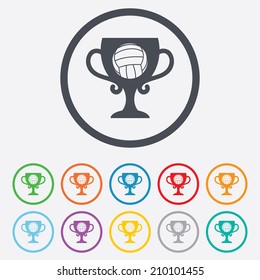 Volleyball sign icon. Beach sport symbol. Winner award cup. Round circle buttons with frame. Vector