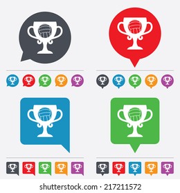 Volleyball sign icon. Beach sport symbol. Winner award cup. Speech bubbles information icons. 24 colored buttons. Vector