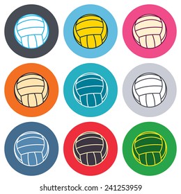 Volleyball sign icon. Beach sport symbol. Colored round buttons. Flat design circle icons set. Vector