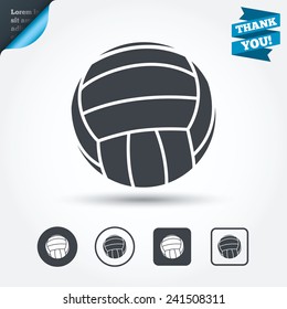 Volleyball sign icon. Beach sport symbol. Circle and square buttons. Flat design set. Thank you ribbon. Vector
