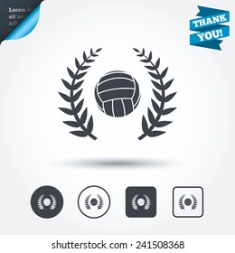 Volleyball sign icon. Beach sport laurel wreath symbol. Winner award. Circle and square buttons. Flat design set. Thank you ribbon. Vector