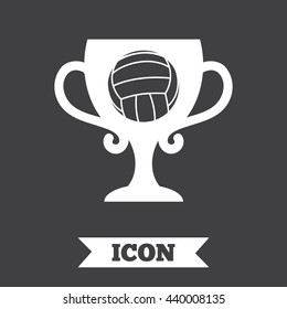 Volleyball sign icon. Beach sport symbol. Winner award cup. Graphic design element. Flat volleyball symbol on dark background. Vector