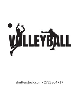 Silueta de voleibol con pose de acción e ilustración de tipografía dinámica