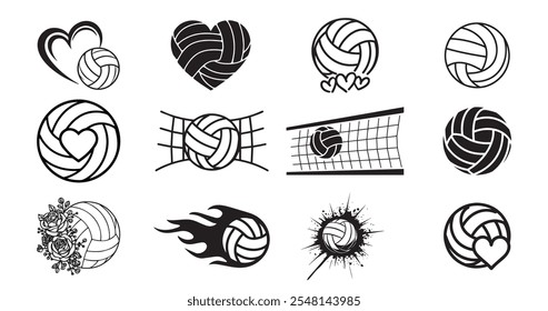 Paquete de la silueta del voleibol, icono de la pelota de voleibol.