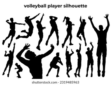 Volleyball-Silhouetten-Kollektion. Silhouette einer Person, die Volleyball spielt. Set von Volleyball-Player-Vektordatei. Beachvolleyballspiel.