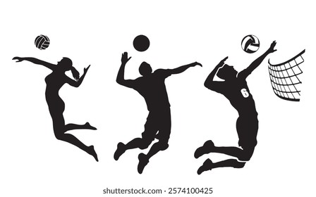 Volleyball silhouettes, Dynamic action shots of players spiking and setting in a competitive match, embodying energy and athleticism, a vector illustration ideal for sports design