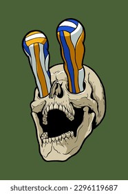 Volleyball skull. Human skull with volleyballs popping out of the eyes. Isolated volleyball vector illustration.