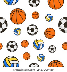 Voleibol, fútbol o fútbol y baloncesto sin patrón. Fondo inconsútil con bolas deportivas. Gráficos tipográficos para productos textiles e impresos. Ilustración vectorial.