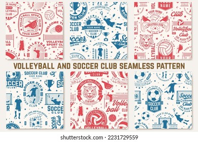 Volleyball and soccer, football club seamless pattern. Vector. For football club background with volleyball, soccer, football player, goalkeeper and gate silhouettes. Concept for soccer sport pattern