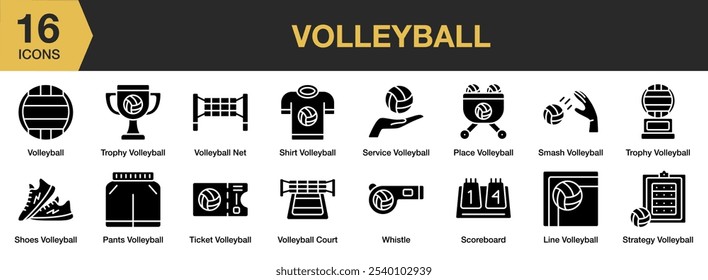 Conjunto de iconos sólidos de voleibol. Incluye pelota, playa, juego, deporte, voleibol y más. Colección de Vector de iconos sólidos.