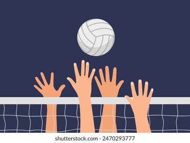 Volleyball spiking with hands blocking the ball over the net