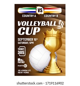 Volleyball Sport Champion Cup Award Poster Vector. Volleyball Ball And Golden Mug Trophy For Winner Championship. Jumping And Hitting Sportsman Fun Game Promotion Banner Concept Mockup Illustration