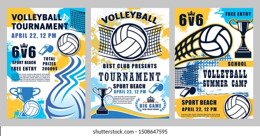 Volleyball sport championship cup and school league or college team match tournament halftone posters. Vector summer camp volleyball game, victory cups and ball flying in net