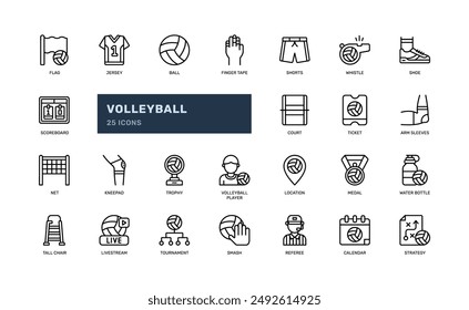volleyball sport competition game championship detailed outline line icon set