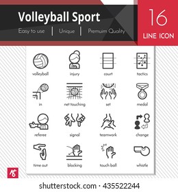 Volleyball Sport elements vector black icons set on white background. Premium quality outline symbol collection. Stroke vector logo concept, web graphics.