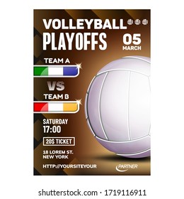 Volleyball Sport Event Promotional Poster Vector. Volleyball Game Ball On Bright Advertising Announcement Banner. Seacoast Area Beach Playing Team Sporty Match Colored Concept Layout Illustration