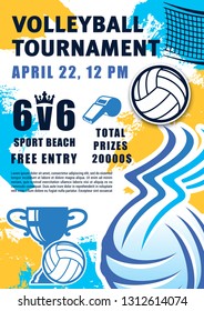 Volleyball sport game, ball and whistle, net and trophy cup. Vector beach tournament, equipment and award. Sporting items and prize winners, championship or competition match, invitation on play