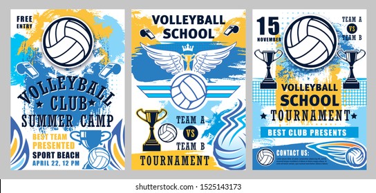 Volleyball sport game championship cup vector posters with player balls, winner trophies and whistles, court net, wings and crown. Sporting competition match, sport school and club design