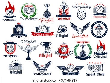 Volleyball sport game icons and symbols. Including many decorative elements as ball, net and whistle, laurel wreath and wings, fire and shield, trophy cup, crown and fire flame