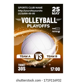 Volleyball Sport Game Invitation Poster Vector. Volleyball Catching And Throwing Ball Played With Hands. National Or International Athletic Event Colored Concept Template Illustration
