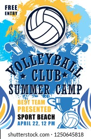 Volleyball sport game poster with ball and whistle. Summer beach tournament in camp announcement brochure. Sporting items and trophy cup for winners, championship or competition match vector