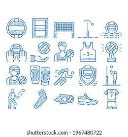 Volleyball Sport Game sketch icon vector. Hand drawn blue doodle line art Volleyball Ball In Water And Grid, Athlete Equipment And Sneaker Illustrations