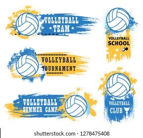 Volleyball sport game tournament vector icons of balls, championship match winner trophy cup and referee whistle with blue and yellow brush strokes. Volleyball sport club or team emblems design