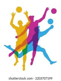 Volleyball sport graphic with players in action.