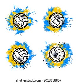 Volleyball sport grunge banner or background with game ball, blue and yellow paint splatters, drops and smudges. Team sport championship, tournament grungy banner with paint traces and halftone