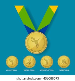 Volleyball sport icon on gold medal award with Brazilian color theme designed of ribbon and isolate of water polo, weightlifting and wrestling sport icons in vector illustration