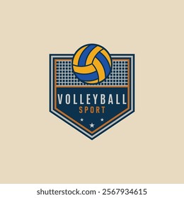 volleyball sport logo, icon volleyball with net background, emblem badge vector illustration design graphic template