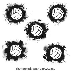 Volleyball sport match tournament halftone balls Vector volleyball championship or sport league cup competition and victory cup or summer camp team posters or banners