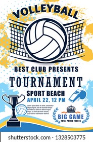 Volleyball sport match tournament poster. Vector volleyball championship or sport league cup competition and victory cup on halftone background