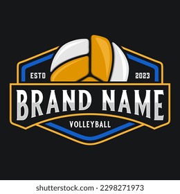 Volleyball Sport vector Logo design. emblem shape with volleyball icon above brand name, perfect for volleyball team
