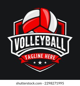 Volleyball Sport Vektorgrafik Logo Design. Emblem mit Volleyballsymbol über dem Markennamen, perfekt für Volleyballmannschaft