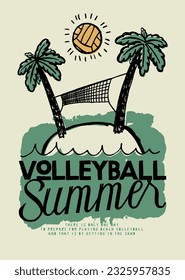 Volleyball summer. Tiny tropical island with net between the palm-trees and volleyball shining in the sky.