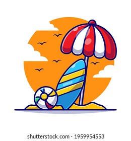 Volleyball with surfing board and umbrella in summer cartoon flat illustration. Summer in beach concept flat cartoon style.