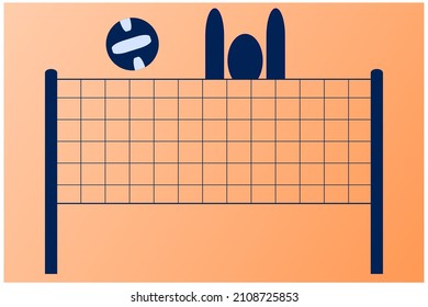 Volleyball symbol in blue on an orange background - player, net and ball