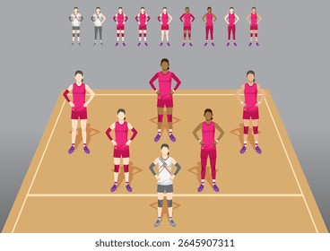 Volleyball team Female in pink uniforms and captain wear white on the court